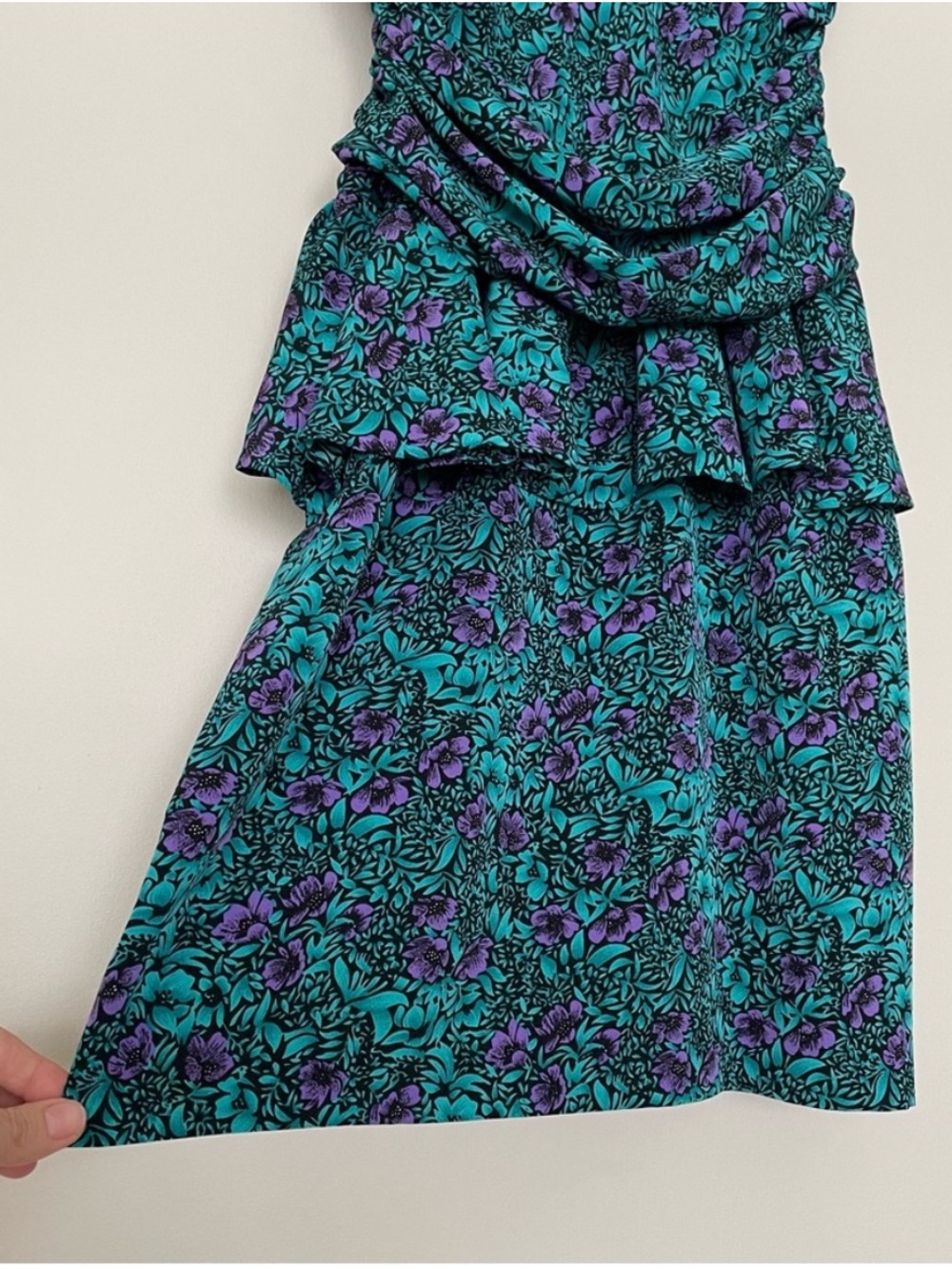 Vintage 80s Union Made Peplum Dress Teal Purple Floral Made in Canada Pantel - Picture 5 of 14